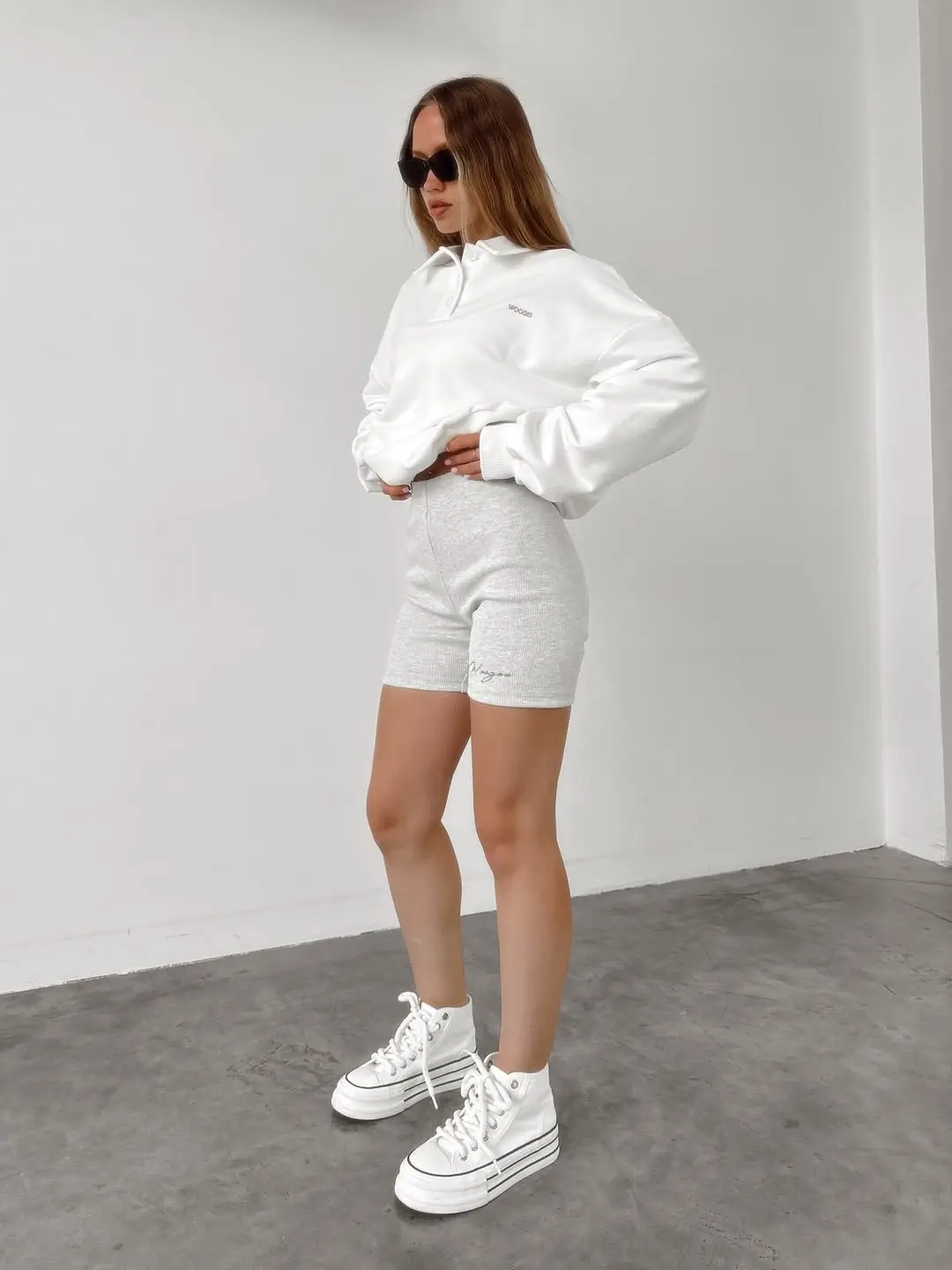 biker shorts outfits summer 2026 Light Gray Set Styled with a Clean Minimal Finish