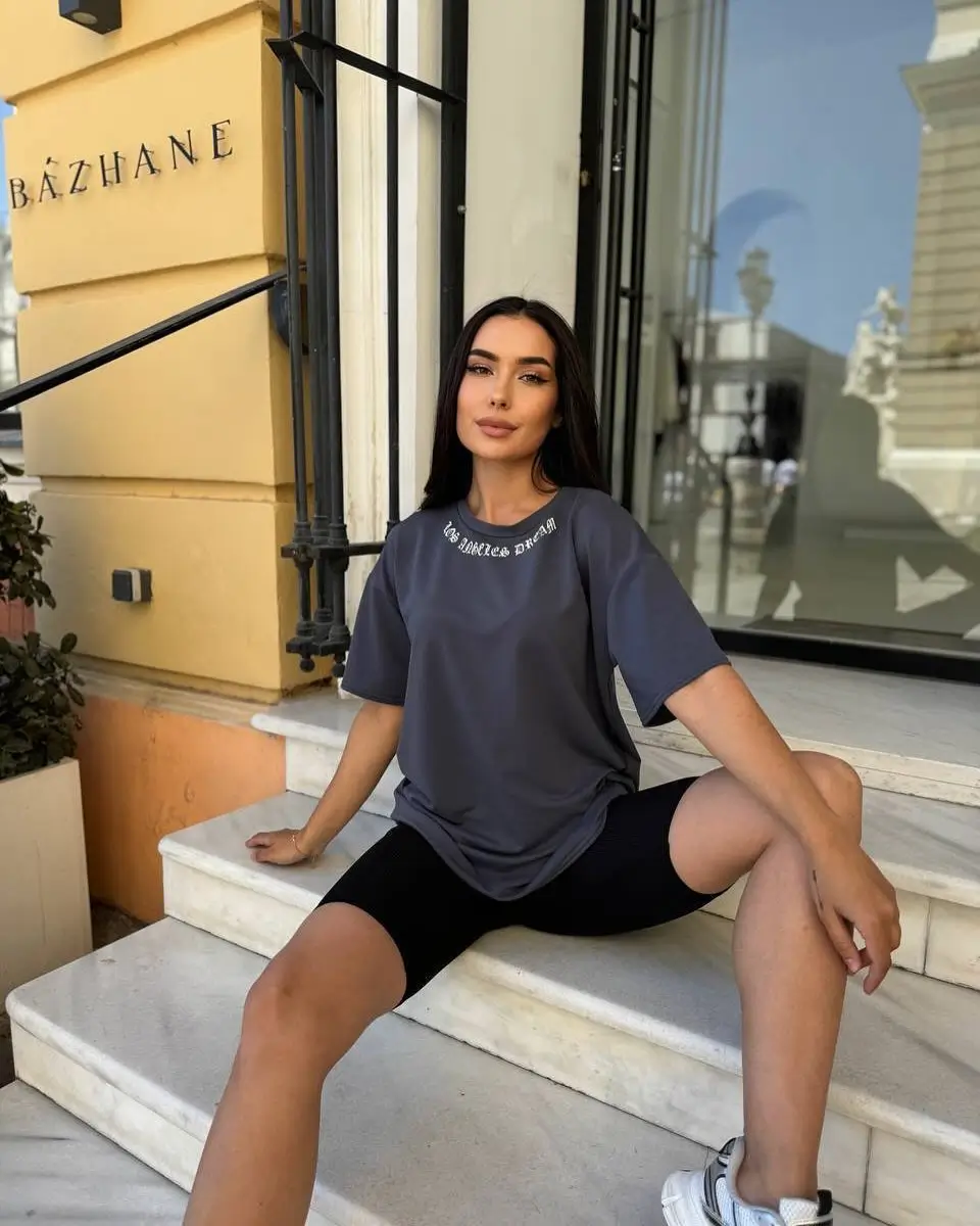 biker shorts outfits summer 2026 Relaxed Gray Tee with Classic Black Biker Shorts