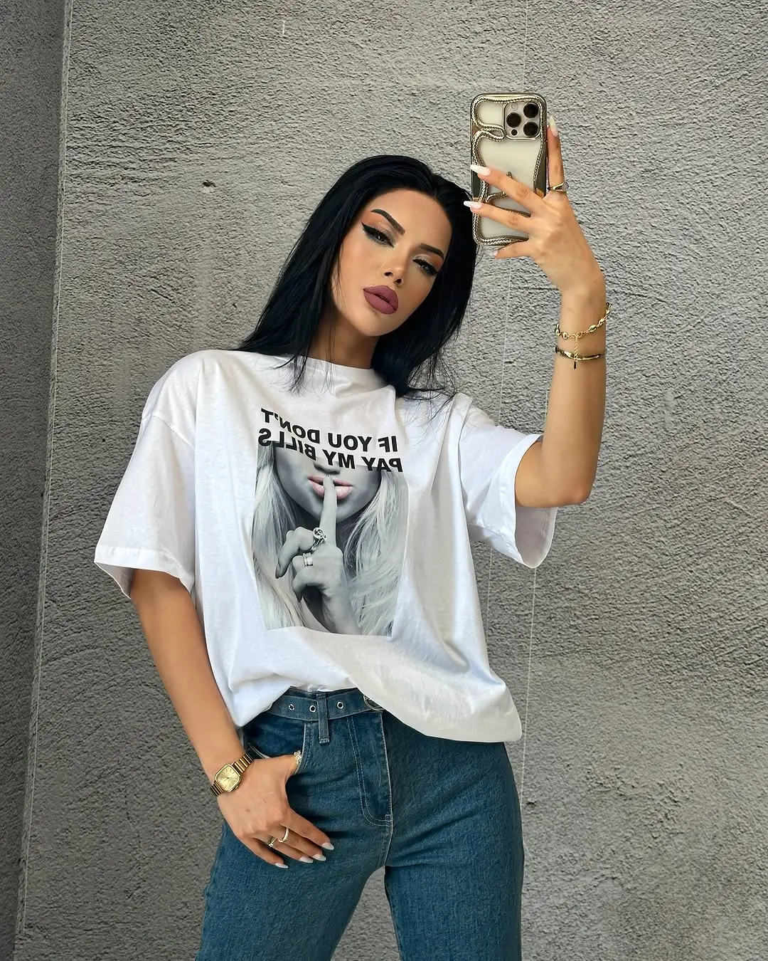 casual summer t-shirt outfit for women 2026 Statement White Graphic Tee with Classic Denim Confidence