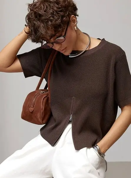 casual summer t-shirt outfit for women 2026 Textured Knit Tee with Light Trousers Balance
