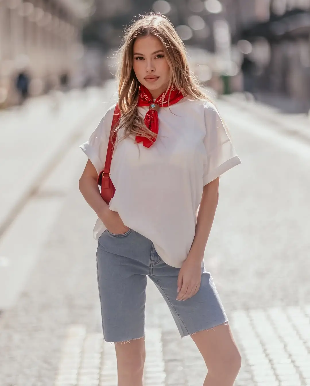 casual summer t-shirt outfit for women 2026 Relaxed White Tee with Bermuda Shorts and Bold Accent