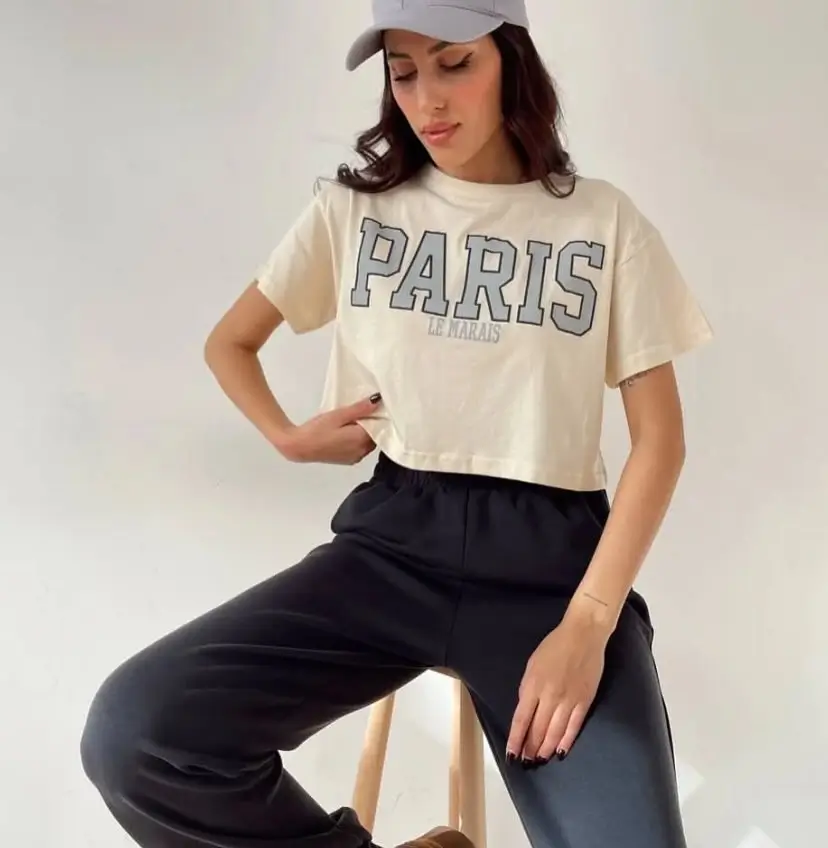 casual summer t-shirt outfit for women 2026 Paris Graphic Crop Tee with Soft Black Lounge Pants