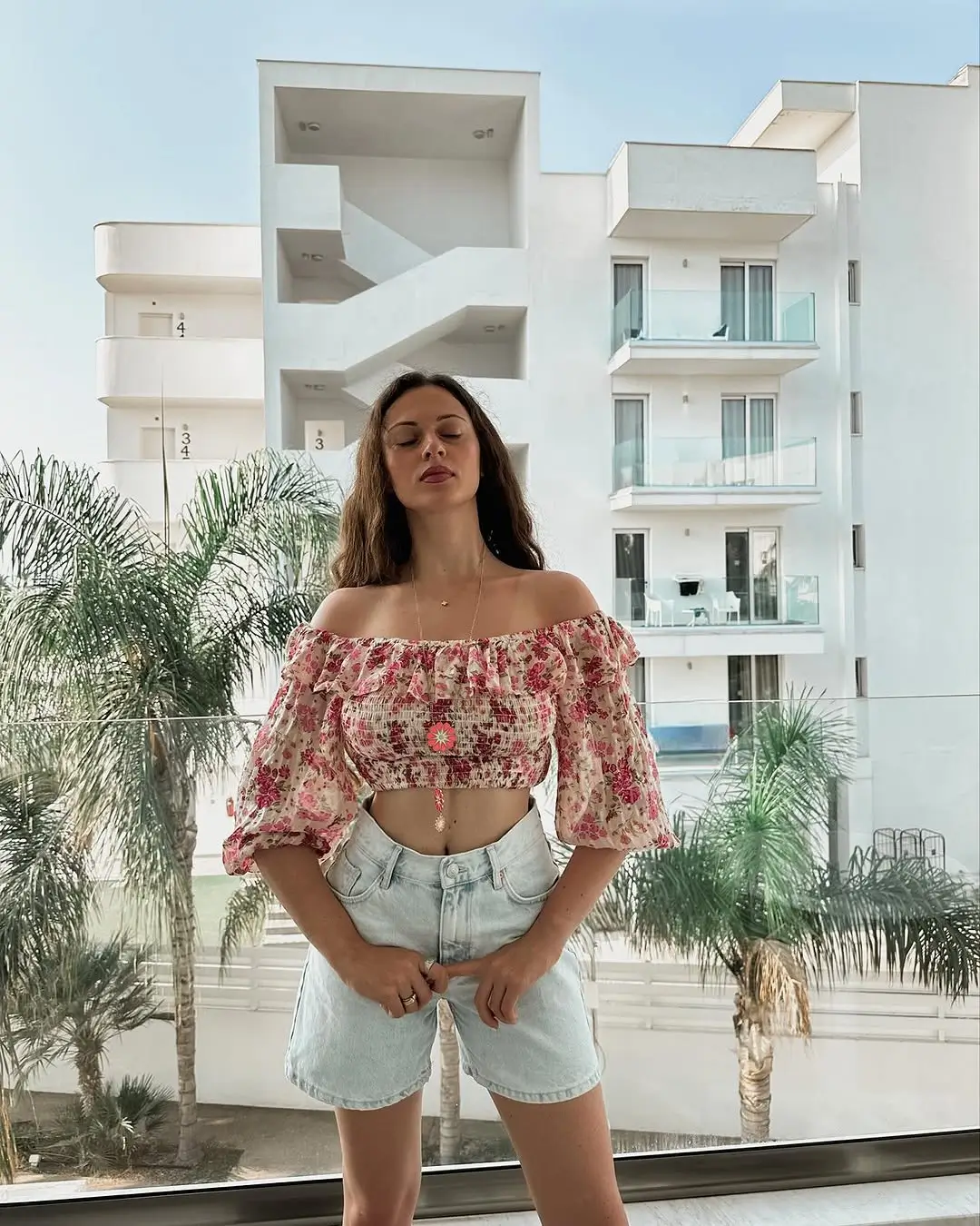 comfy airport outfits summer 2026 Light Denim Shorts and Romantic Summer Touches