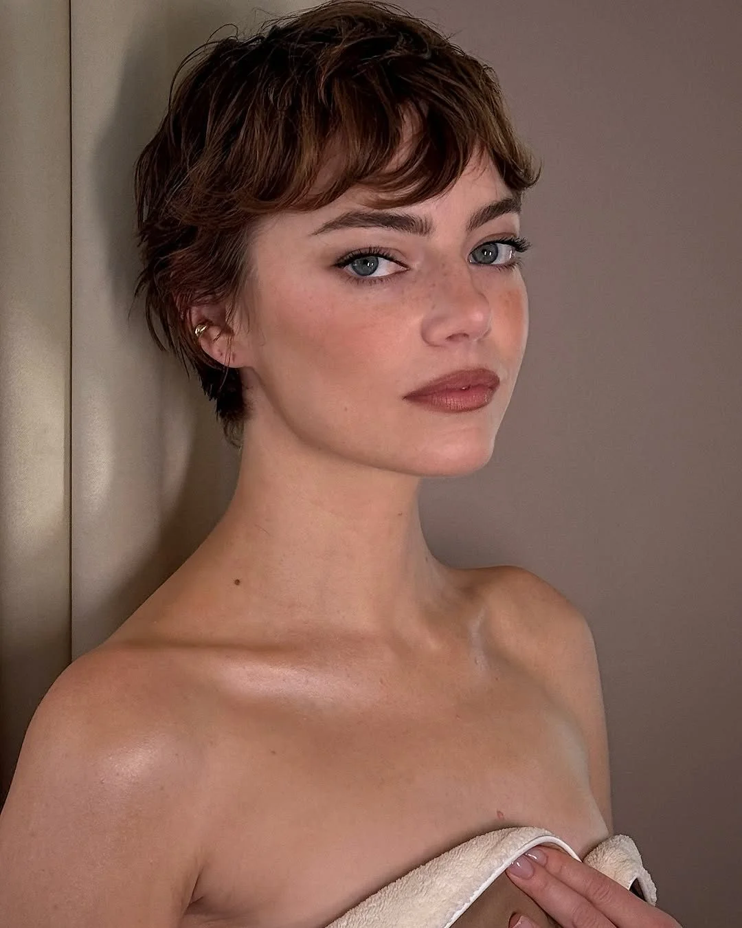 cute summer bixie haircut 2026 Soft Brunette Bixie with Wispy Bangs