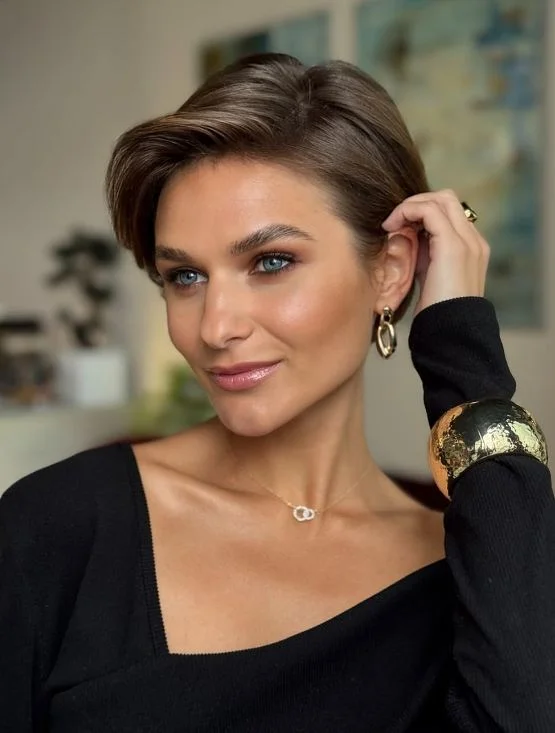 cute summer short haircuts 2026 Sleek Side Swept Pixie with Glossy Finish