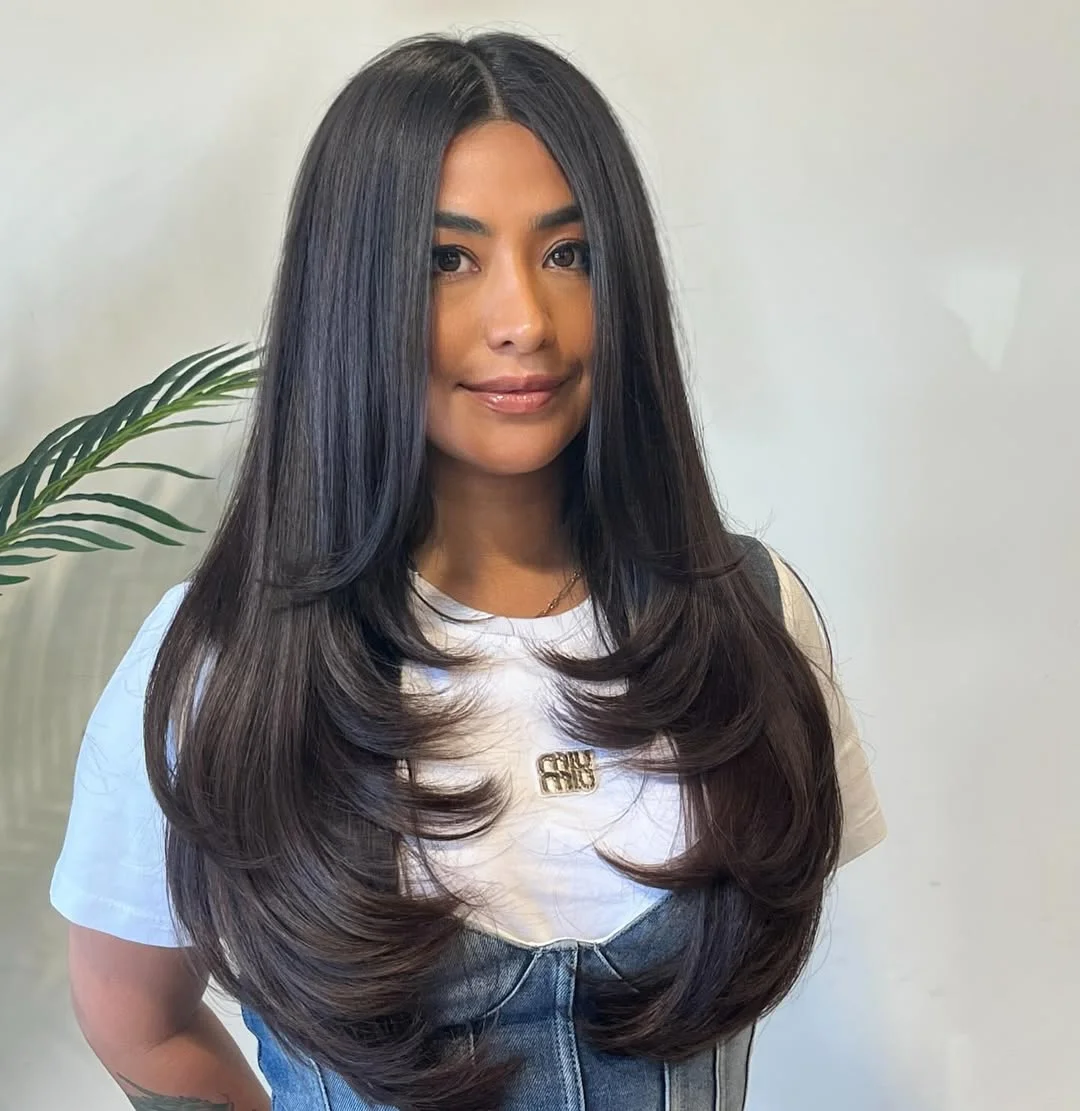 face-framing summer butterfly haircut 2026 Sleek Midnight Layers with Polished Face Framing