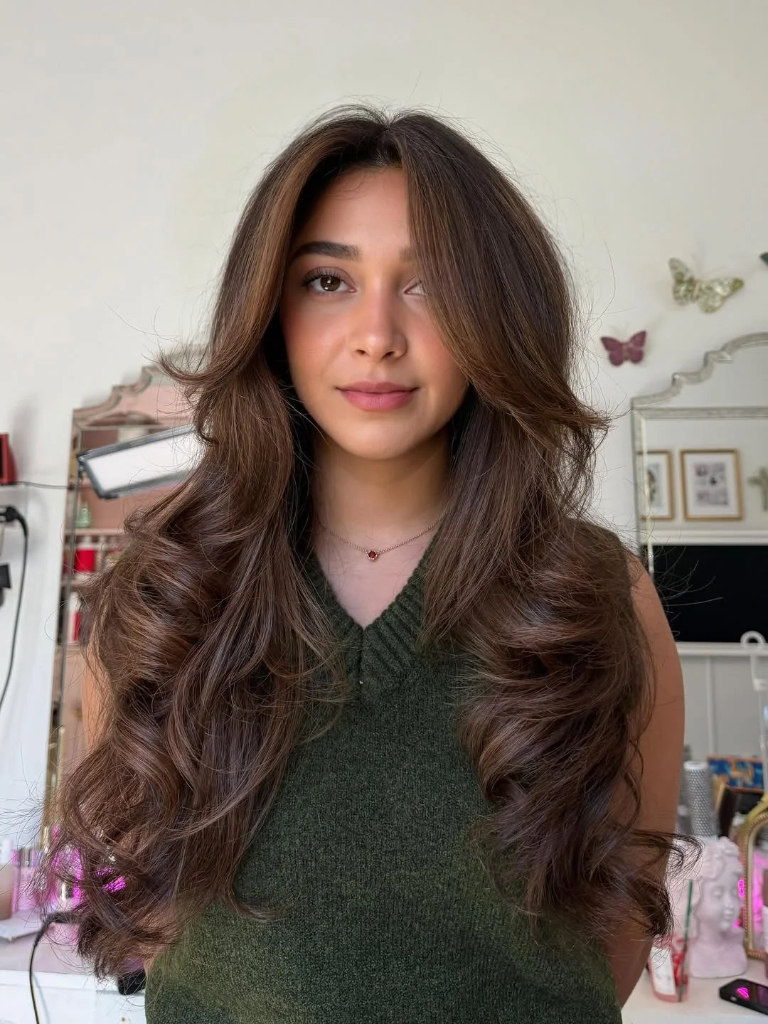face-framing summer butterfly haircut 2026 Airy Chocolate Waves with Soft Volume