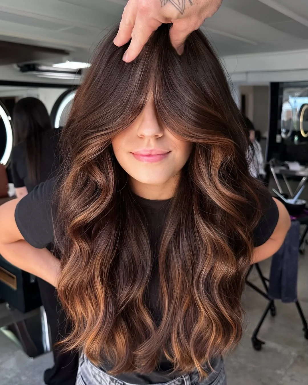 face-framing summer haircuts with bangs 2026 Glossy Chocolate Volume with Curtain Drama