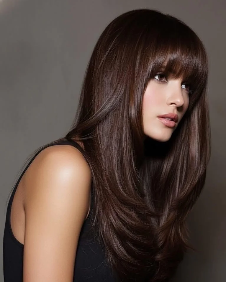 face-framing summer haircuts with bangs 2026 Sleek Chocolate Layers with Classic Full Bangs