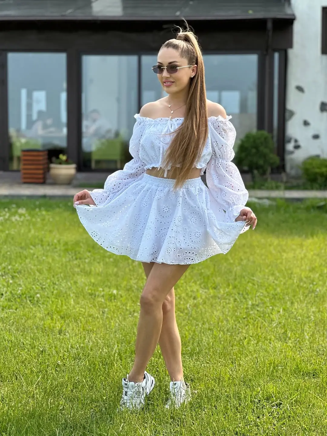 hot summer heat wave outfits 2026 White Eyelet Set with Playful Volume