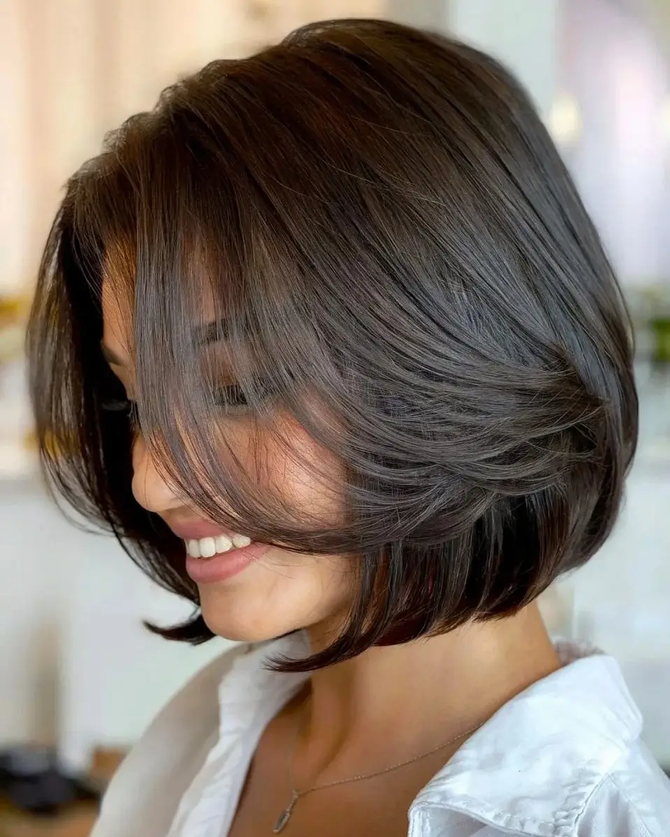 layered summer haircut for round face 2026 Soft Curved Bob with Airy Volume