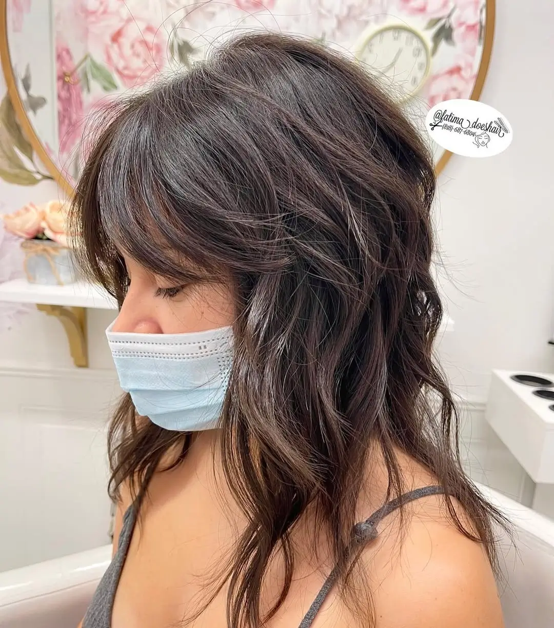 layered summer shag haircut 2026 Mid Length Brunette Shag with Curtain Bangs
