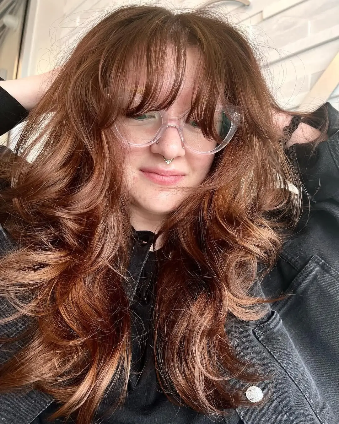 layered summer shag haircut 2026 Long Copper Shag with Soft Waves and Full Fringe