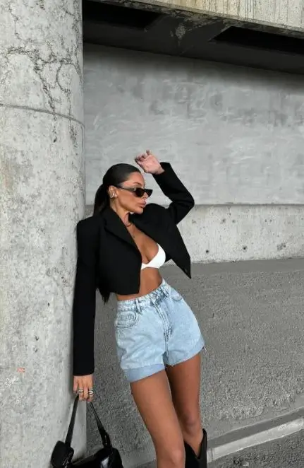short outfits for women summer 2026 Black Blazer and Light Denim Contrast for Late Summer Evenings