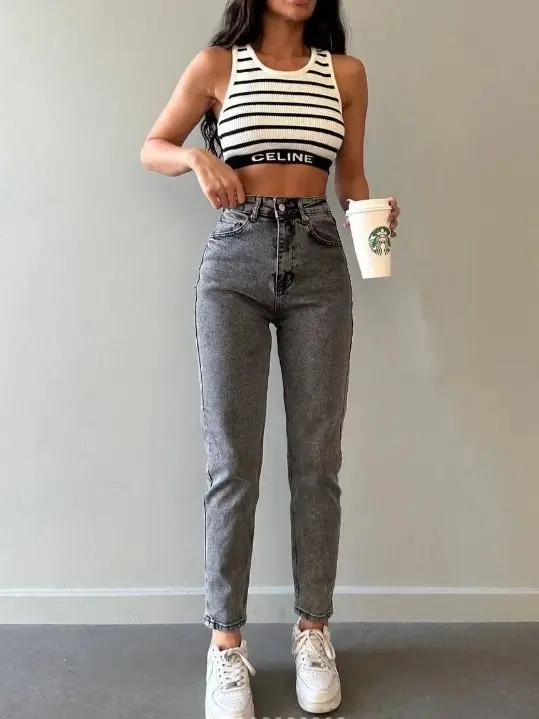 stylish mom outfits summer 2026 Off-Duty Cool - Cropped Knits and Washed Black Denim