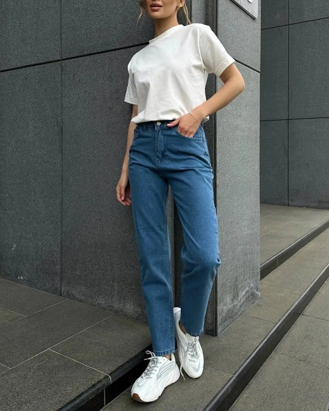 stylish mom outfits summer 2026 Minimal Mood - Clean Tees and Classic Blue Straight-Leg Jeans