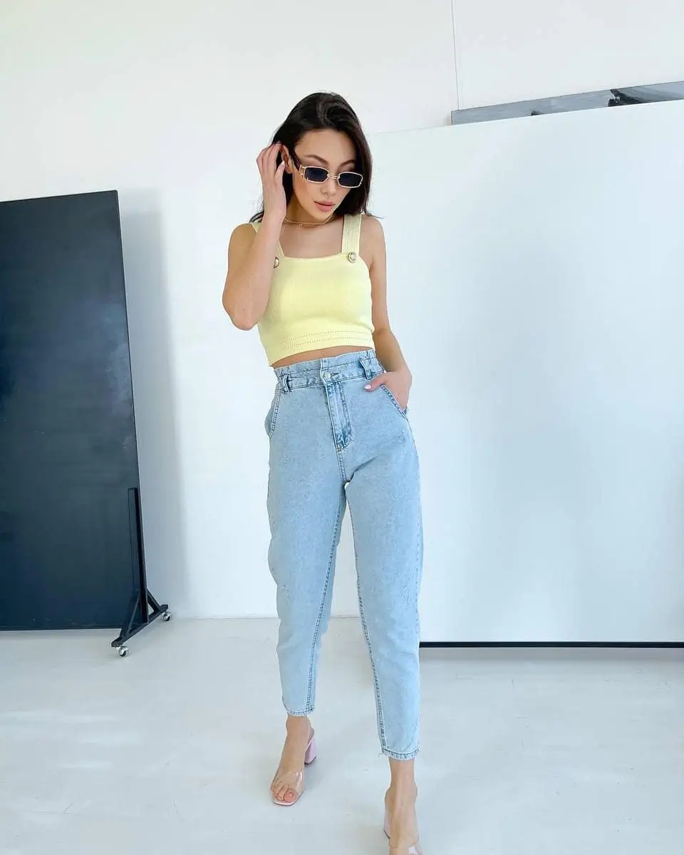 stylish mom outfits summer 2026 Soft Lemon Knit and Light Denim Ease