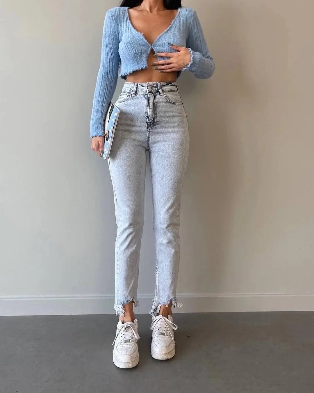stylish mom outfits summer 2026 Soft Blue Cardigan and Light Wash Balance