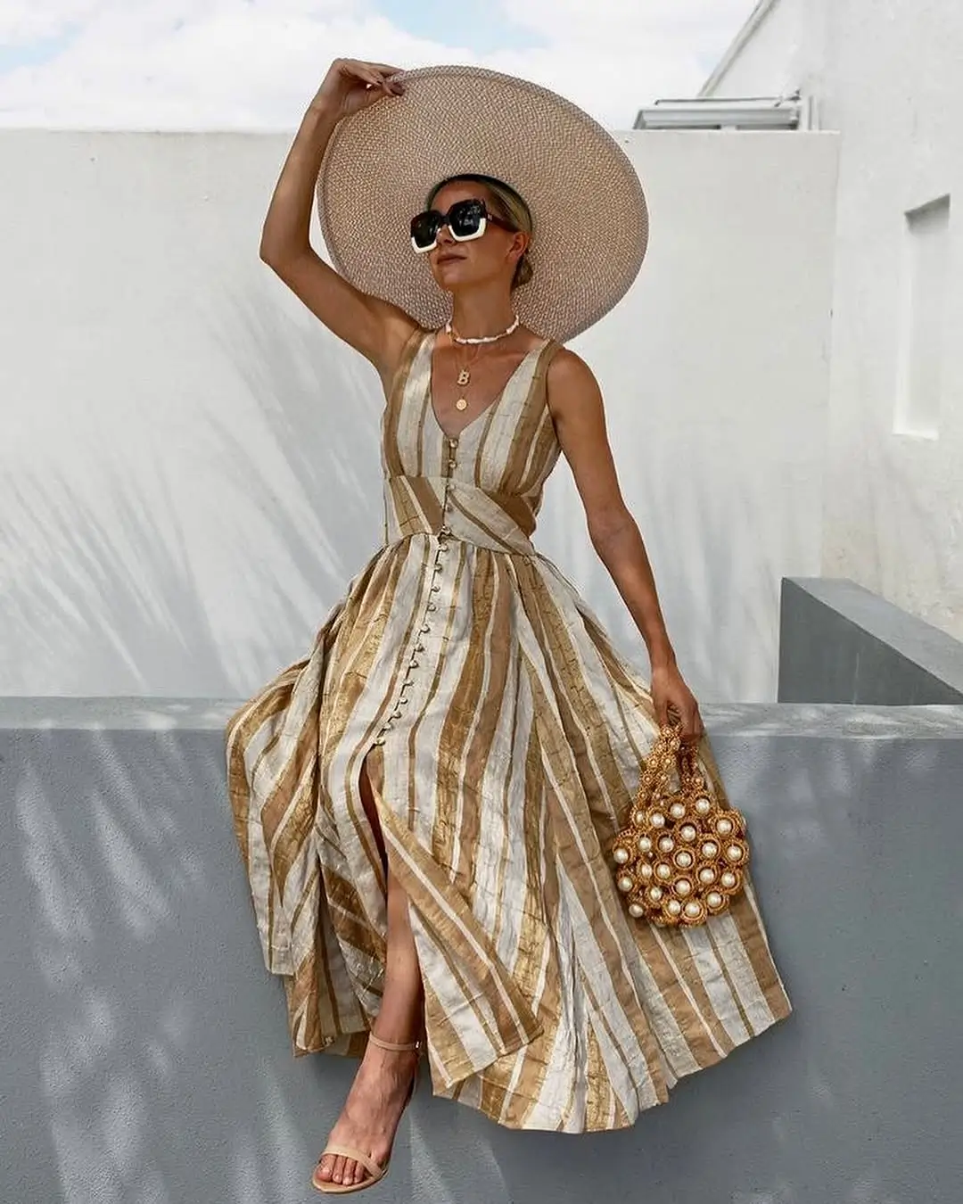 Summer Beach Outfit For Women 2026 Striped Linen Dress with Coastal Elegance