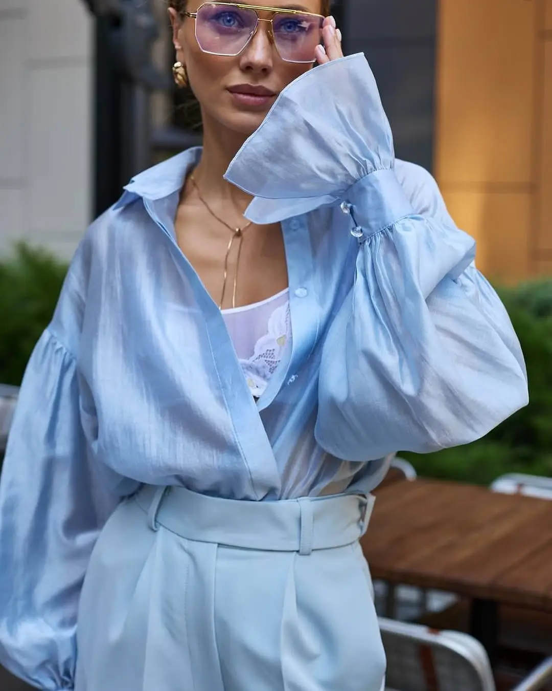 summer business casual outfit for women 2026 Soft Blue Shirt and Wide Leg Pants The Effortless Cool Formula
