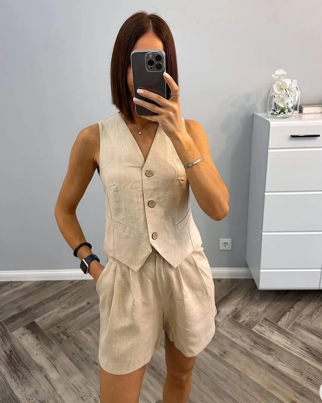 summer business casual outfit for women 2026 Linen Vest and Shorts Set The Polished Summer Shortcut