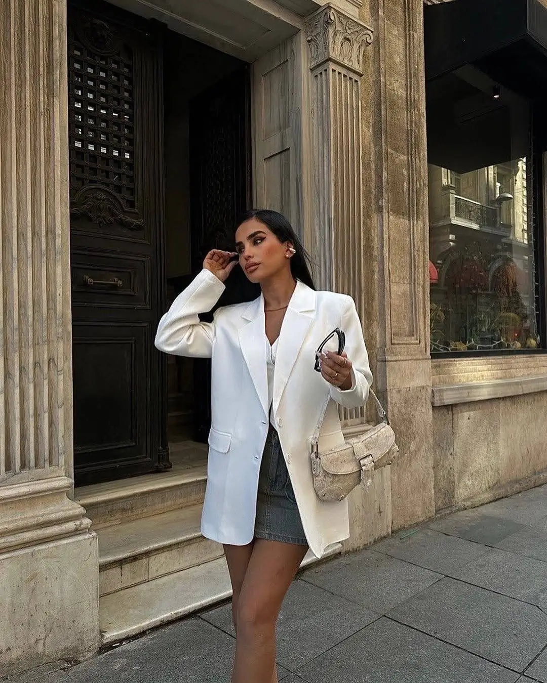 summer business casual outfit for women 2026 Crisp White Blazer and Mini Skirt Energy