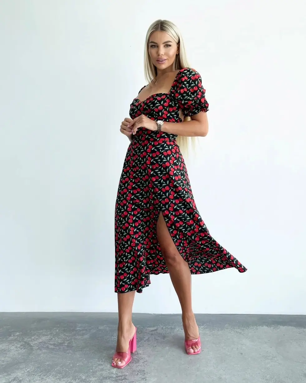 summer fashion outfits for women 2026 Cherry Print Midi with Playful Feminine Edge