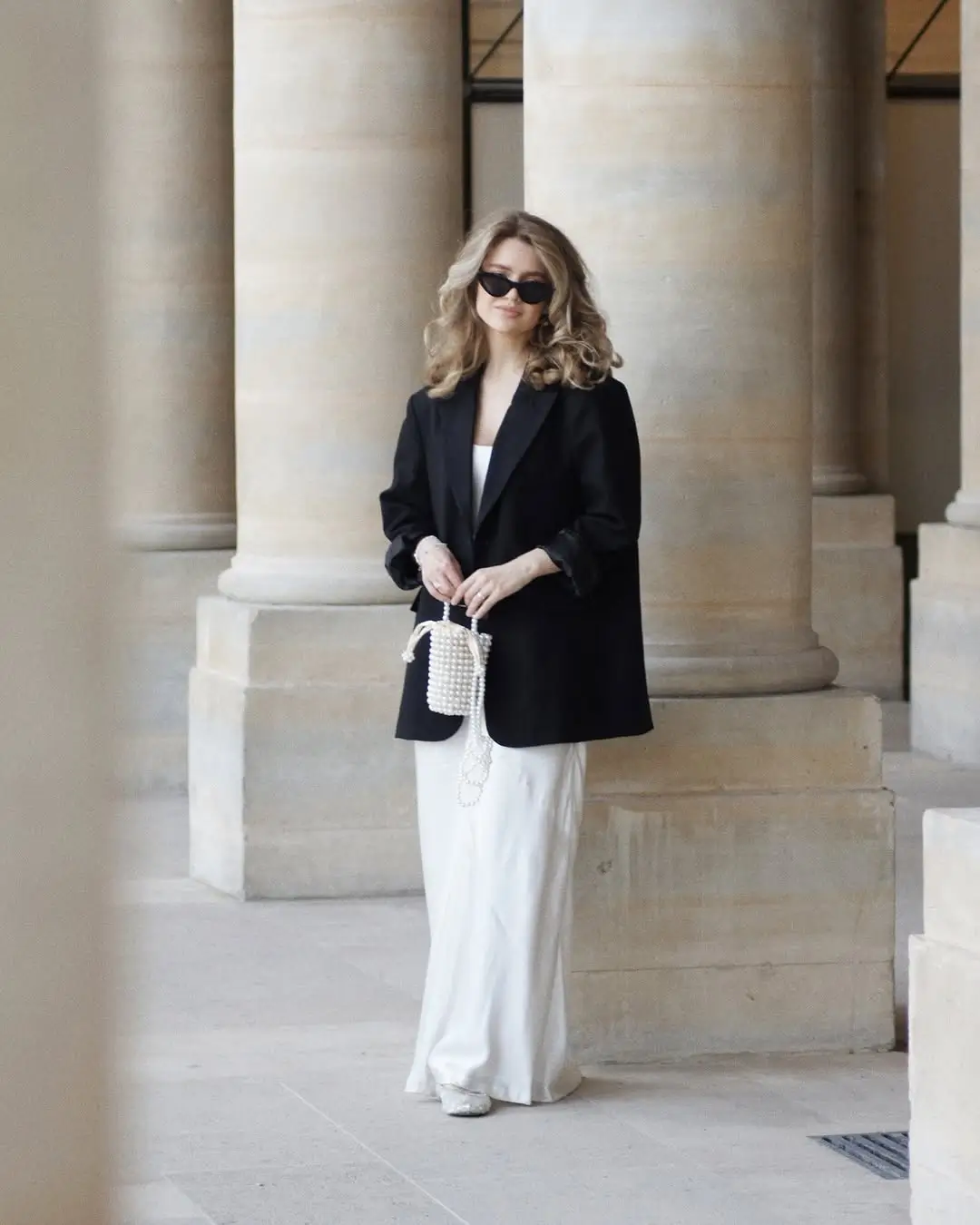 summer old money outfit for women 2026 Black Blazer and Flowing White Skirt Contrast