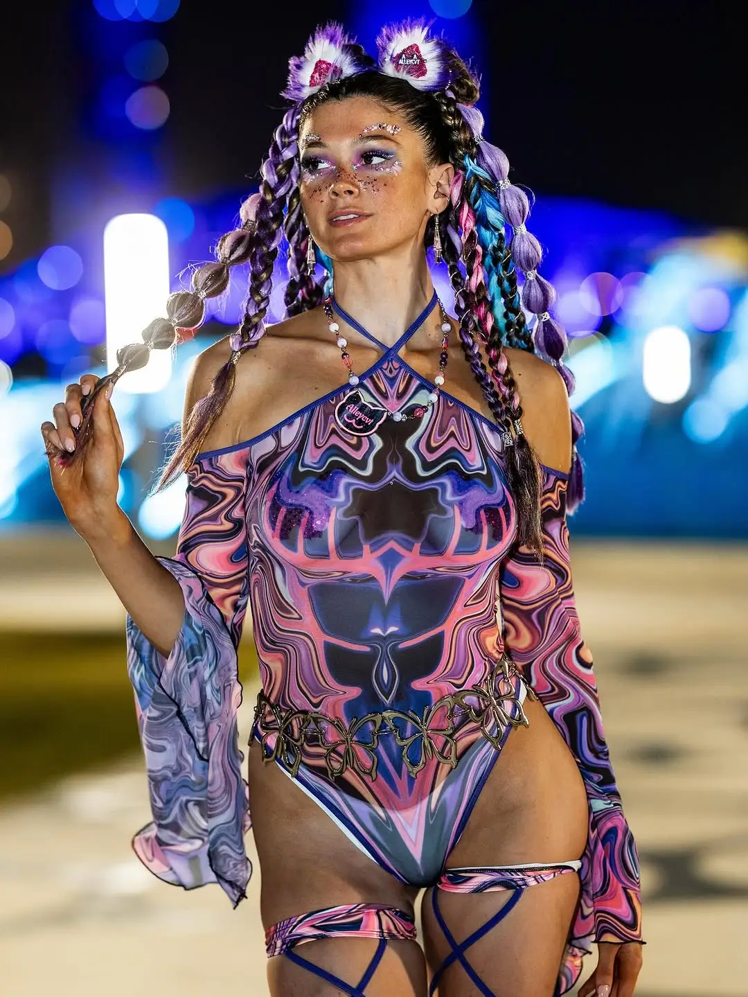 summer rave outfit for women 2026 Psychedelic Swirl Bodysuit with Dreamlike Edm Vibes