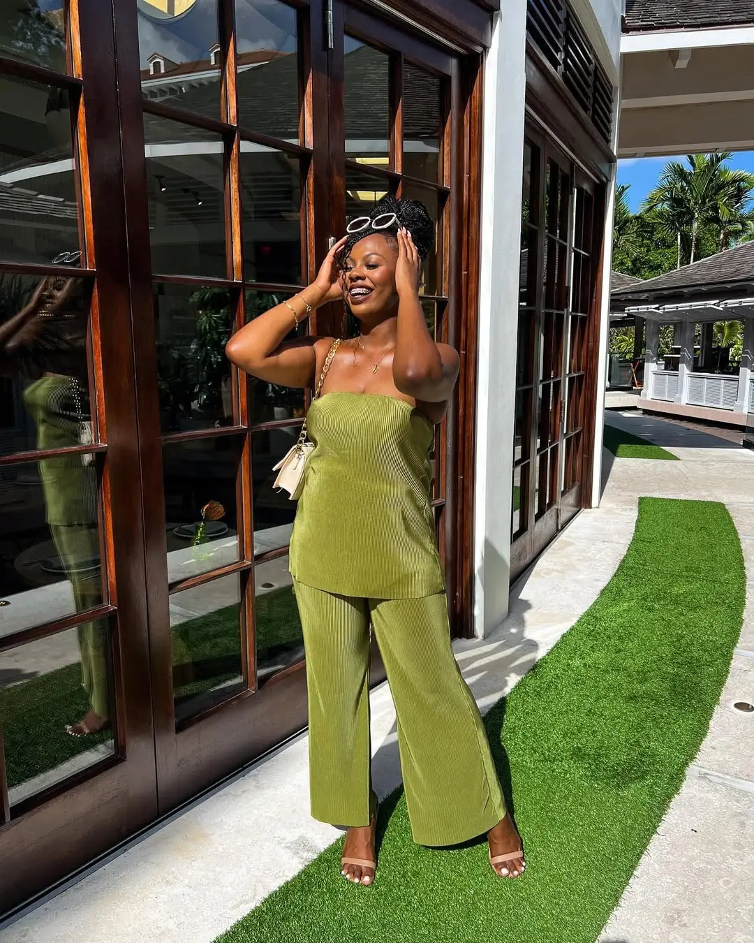 summer set outfits for women 2026 Relaxed Tailoring with a Pop of Green