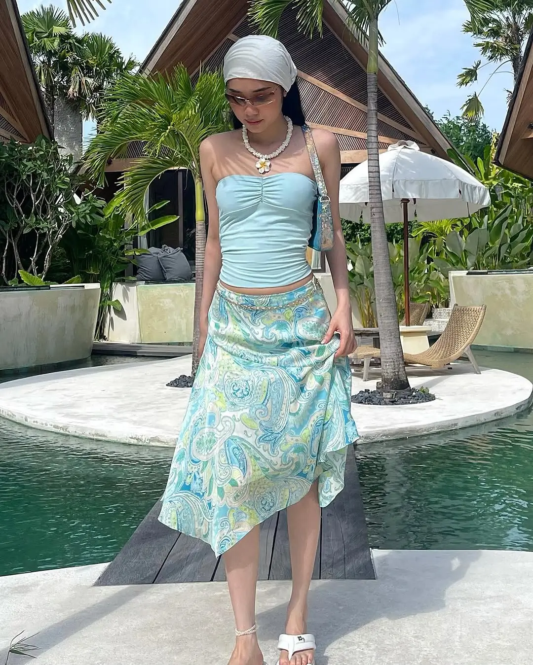 summer skirt outfits 2026 Tropical Blue Ease with a Light Layered Feel