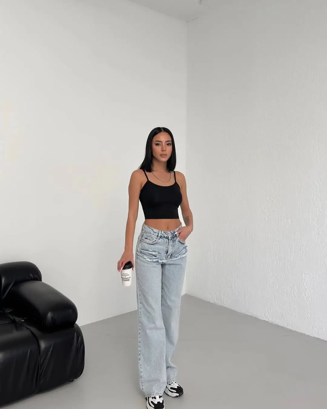 summer sleeveless tops for women 2026 Minimal Black Crop and Light-Wash Denim Mood