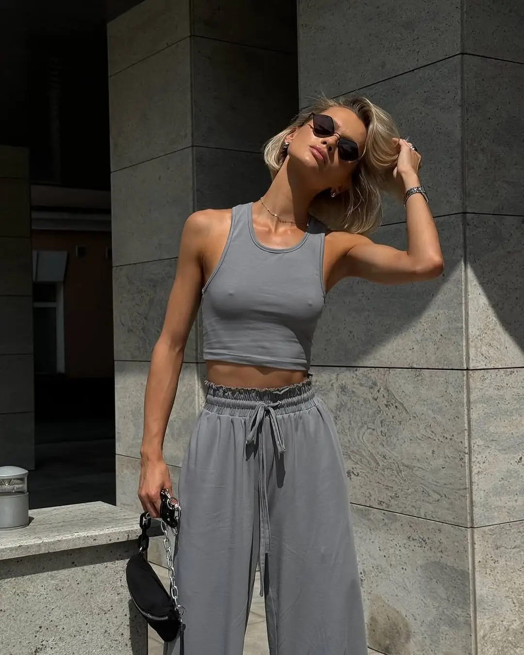 summer sleeveless tops for women 2026 Monochrome Grey Lounge Set with Elevated Edge