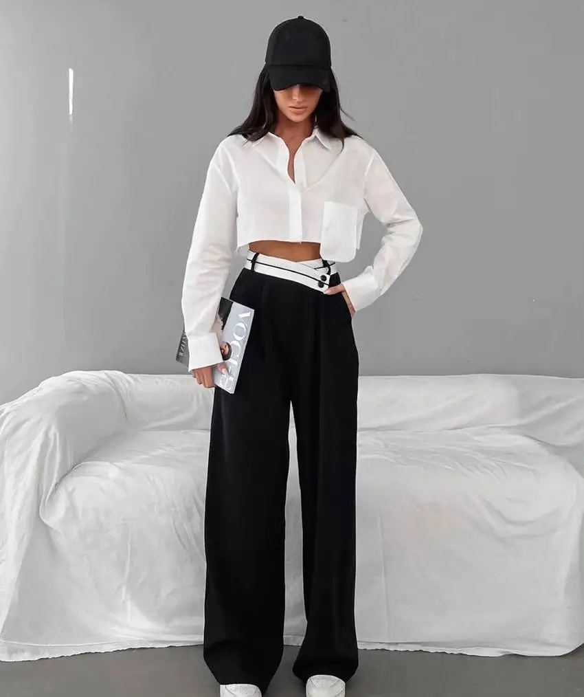 summer work outfits for the office 2026 Cropped Shirt Energy with Relaxed Black Trousers