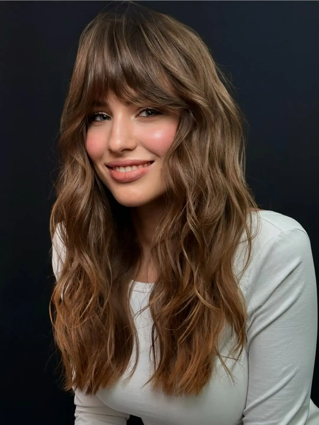 textured summer haircuts for long hair 2026 Soft Wavy Layers with Airy Fringe Texture