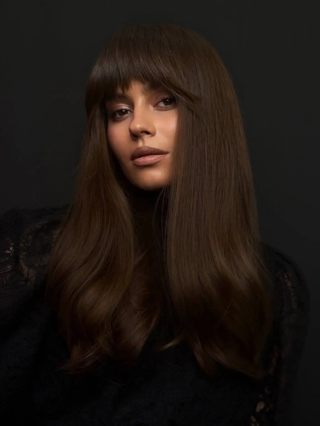 textured summer haircuts for long hair 2026 Smooth Long Length with Full Straight Bangs