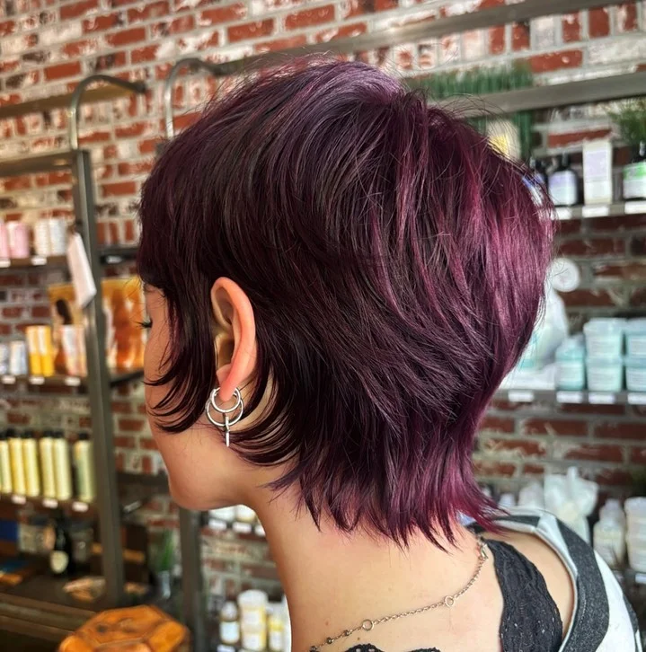 textured summer pixie haircuts 2026 Layered Burgundy Pixie with Tapered Nape