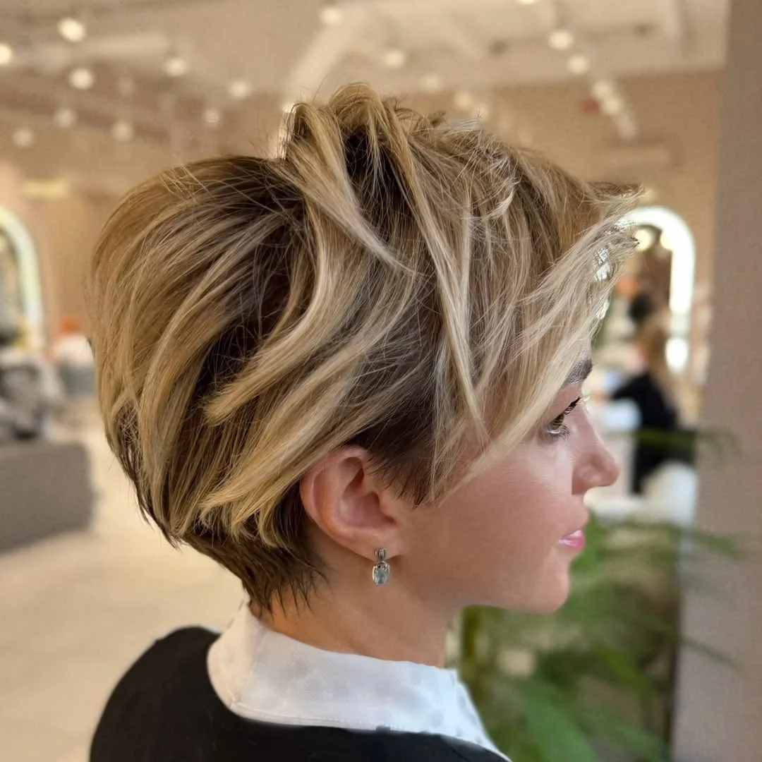 youthful summer haircuts for women over 40 2026 Choppy Blonde Pixie with Dimensional Texture
