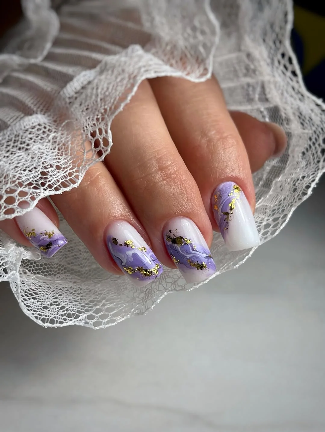 chic light summer nails 2026 Lavender Marble with Golden Accents