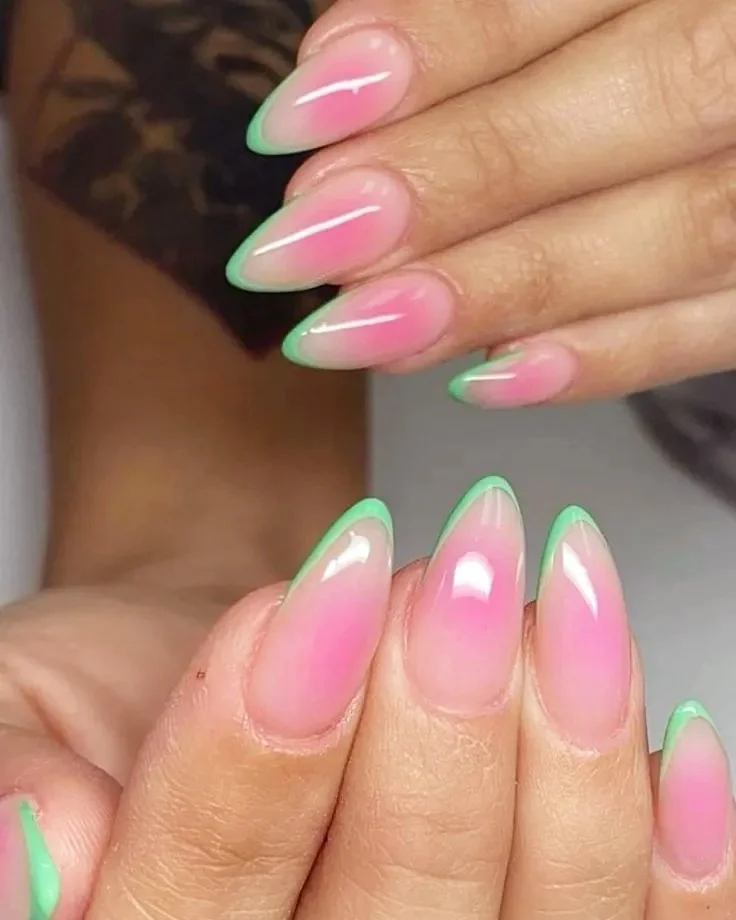 chic summer nails watermelon 2026 Soft Pink French Watermelon Nails With Mint Green Edges