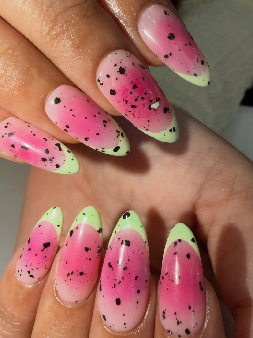 chic summer nails watermelon 2026 Speckled Watermelon Fade Nails