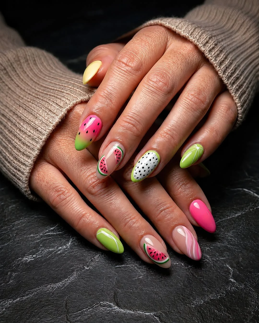 chic summer nails watermelon 2026 Playful Mixed Fruit Almond Nails