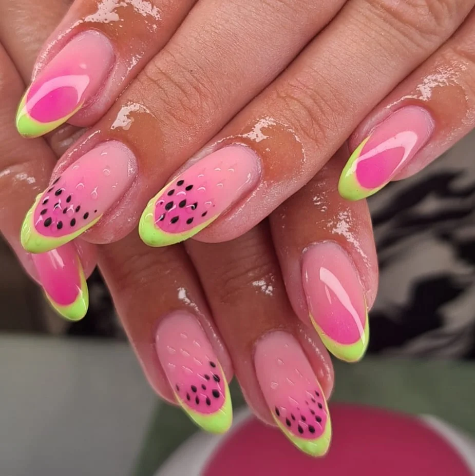 chic summer nails watermelon 2026 Glossy Watermelon French Swirl Nails