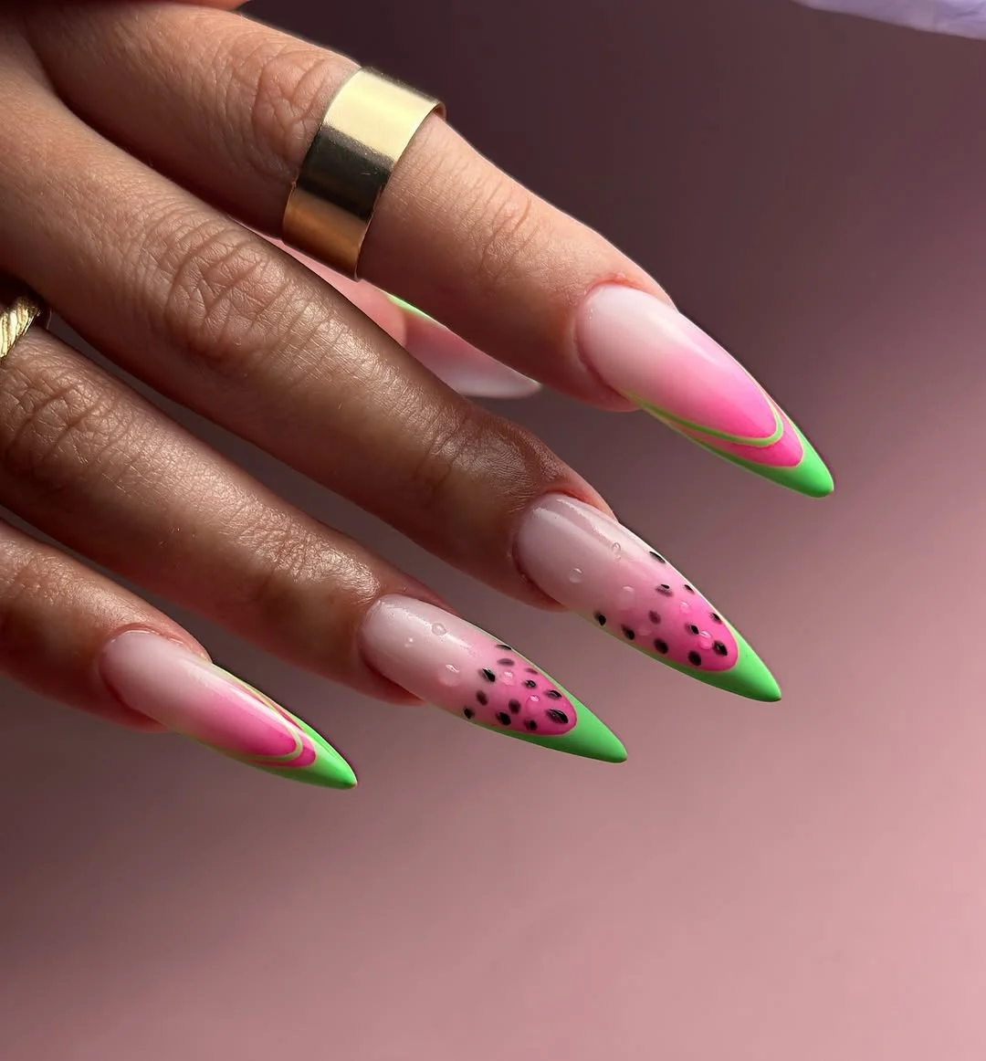 chic summer nails watermelon 2026 Neon Watermelon Stiletto French