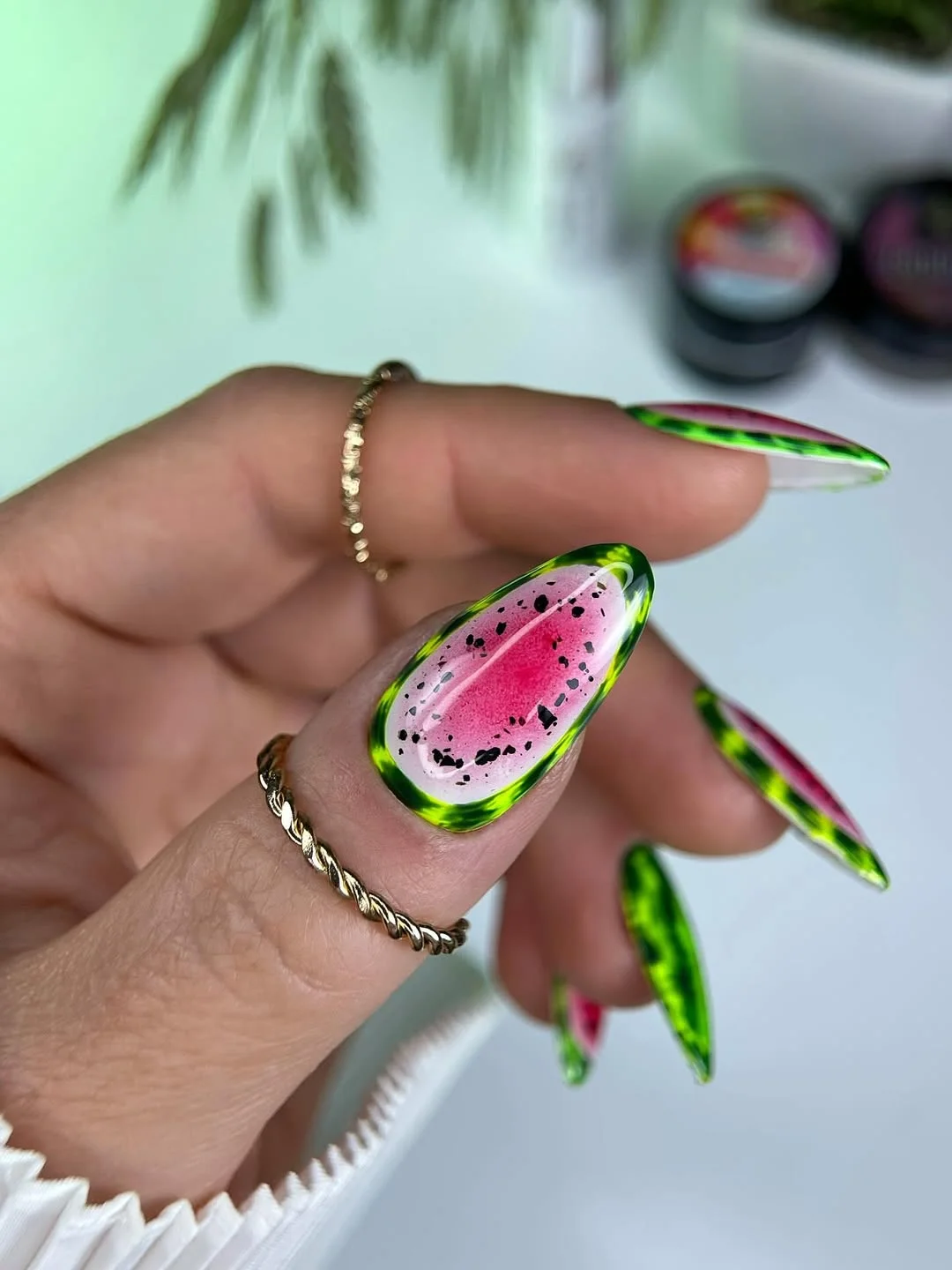chic summer nails watermelon 2026 Glossy Chrome Watermelon Aura Nails