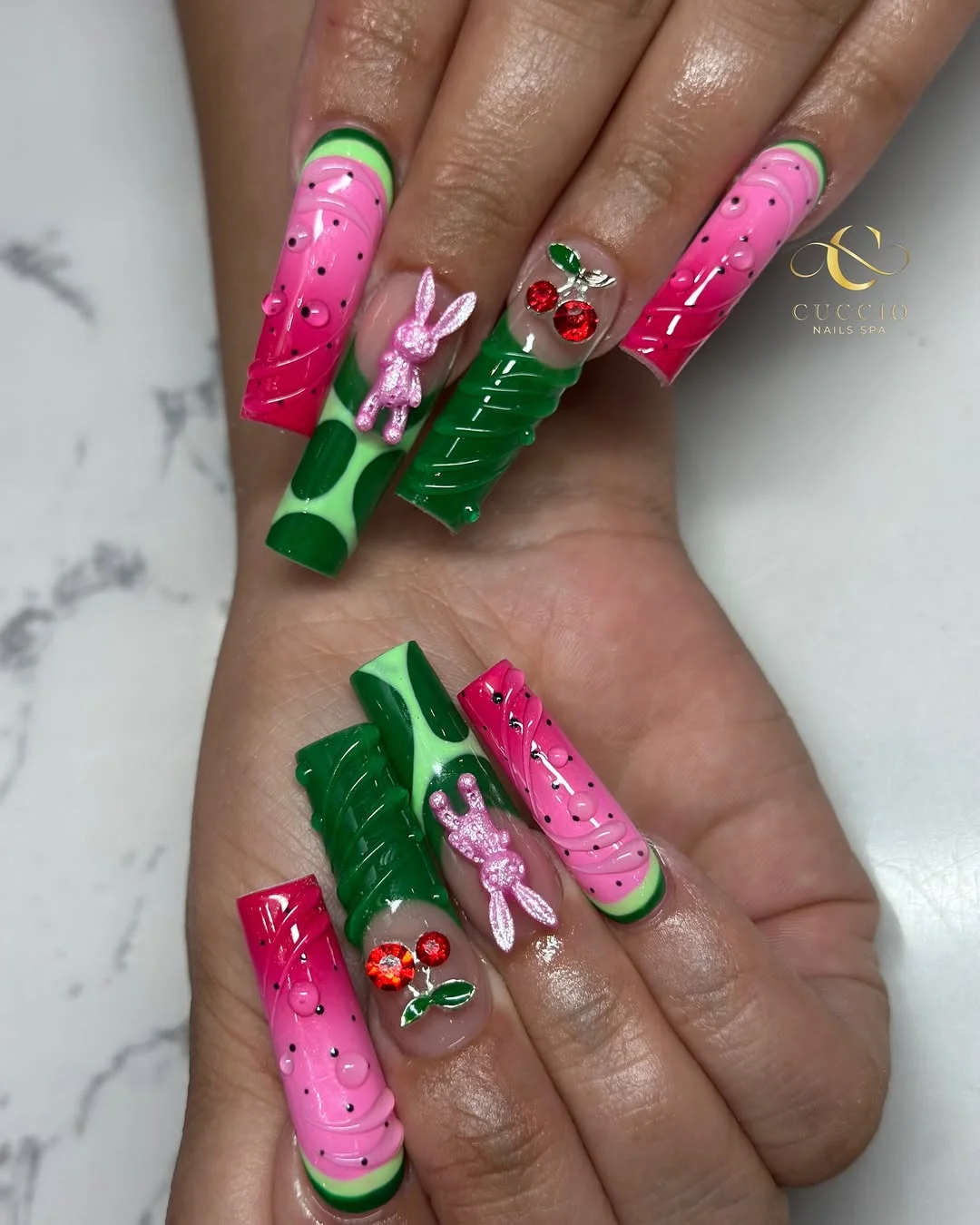 chic summer nails watermelon 2026 Bright Pink Watermelon Nails With Playful 3D Charms
