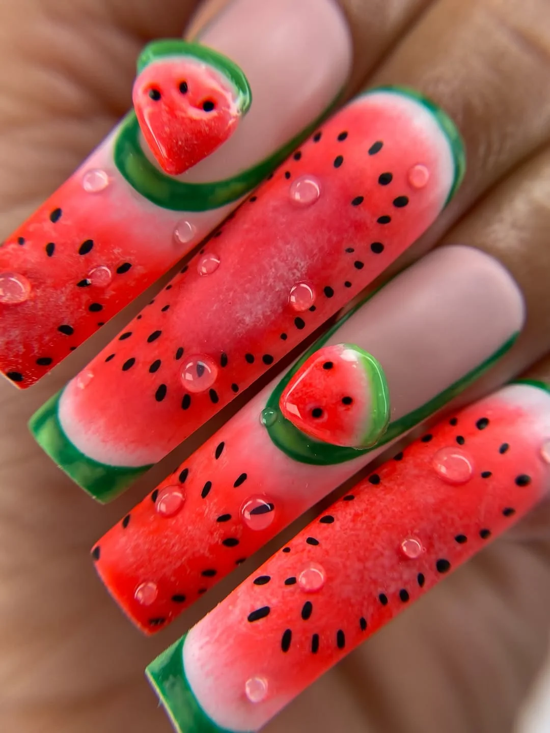 chic summer nails watermelon 2026 Airbrushed Watermelon French Tips With Dewy Details