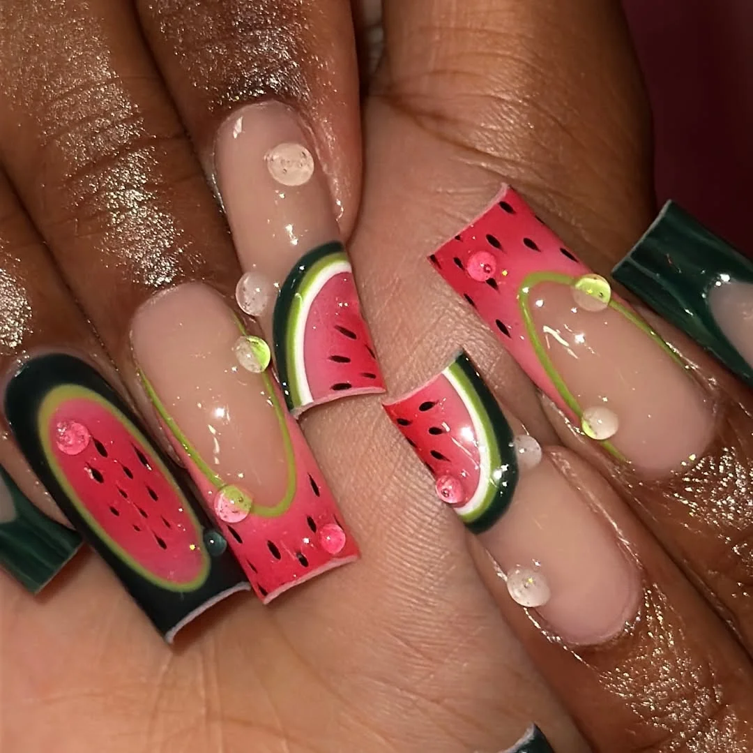 chic summer nails watermelon 2026 Hot Pink Watermelon French Nails With Glossy Neon Contrast