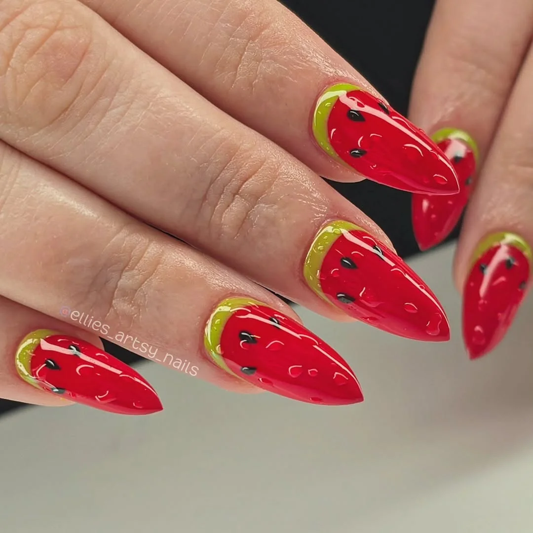 chic summer nails watermelon 2026 Glossy Watermelon Almond Nails With Juicy Red Shine