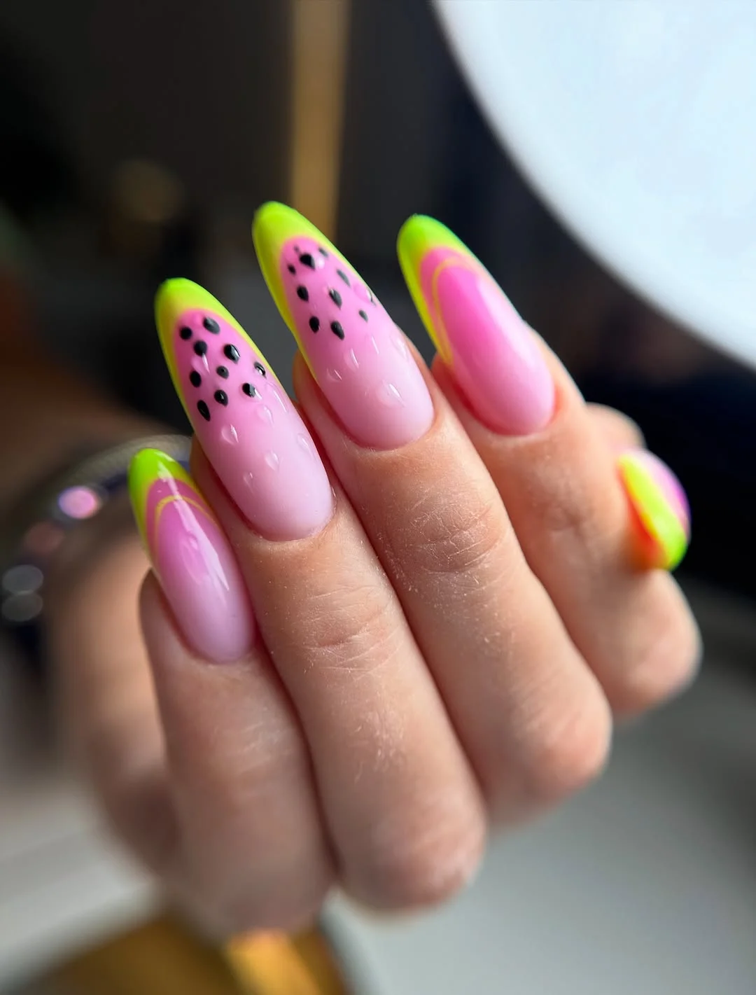 chic summer nails watermelon 2026 Neon Kiwi French Tips With Soft Pink Watermelon Tones